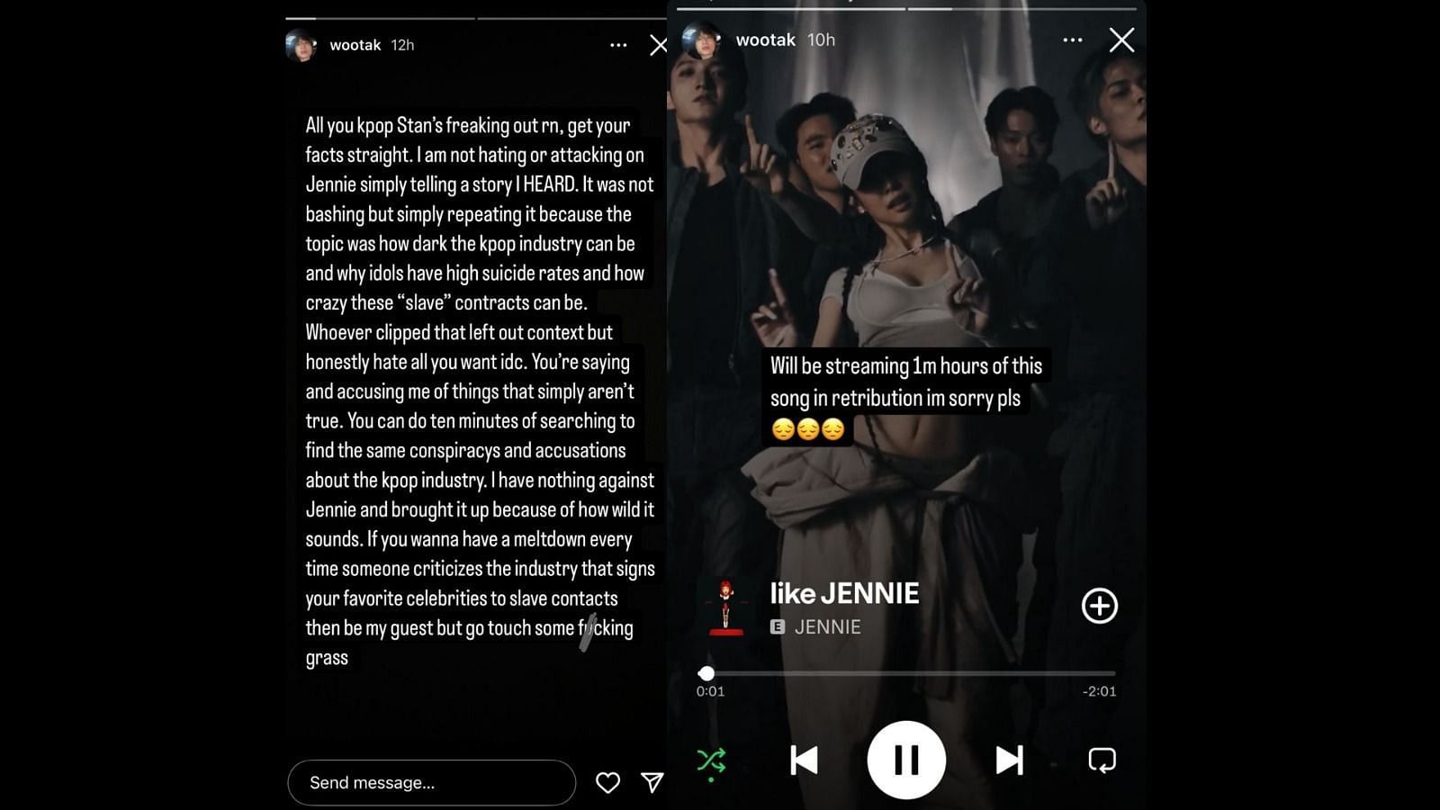 Above THE Influence's Wootak apologizing for Jennie and IU's escorting remarks (Image via Instagram/@wootak)